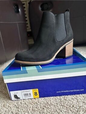 New White Mountain Black Suede Chelsea Ankle Boot with Stacked Heel